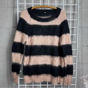 Nap lounge fuzzy soft mohair wool Striped Black camel Sweater small grunge indie